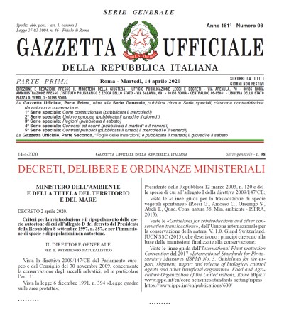 PUBBLICATO IN GAZZETTA UFFICIALE IL DECRETO DEL MINISTERO DELL'AMBIENTE