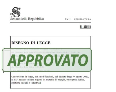 APPROVATA LEGGE DI CONVERSIONE DEL DL AIUTI BIS